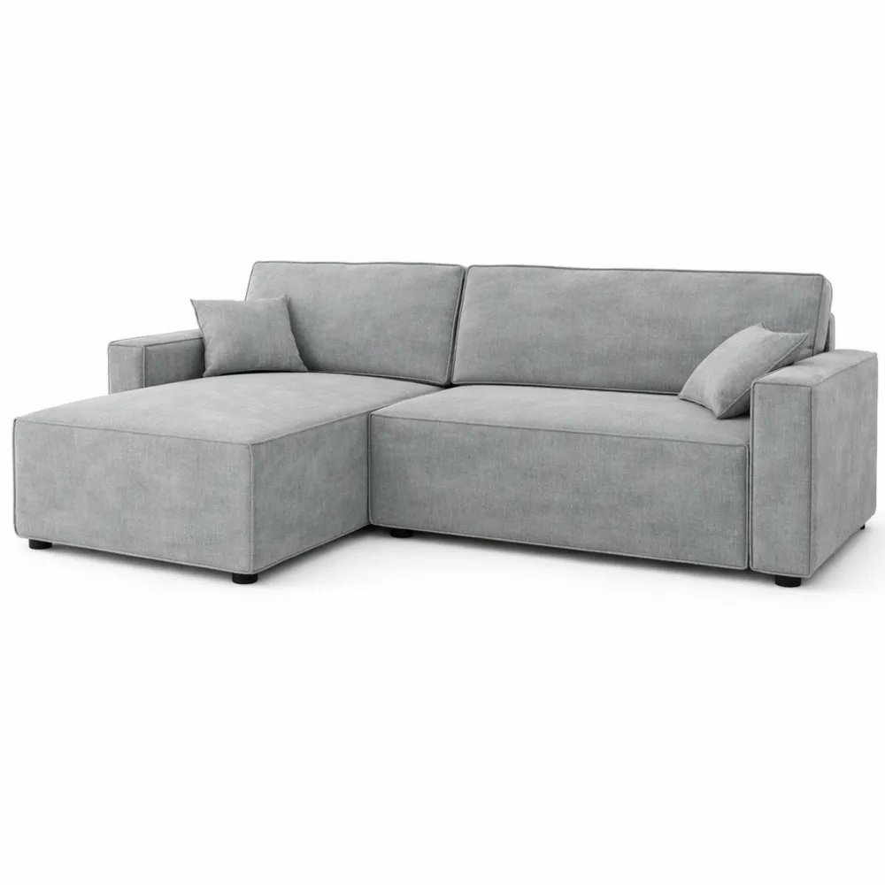 Grand canapé d'angle convertible 4 places avec rangement, velours côtelé gris clair