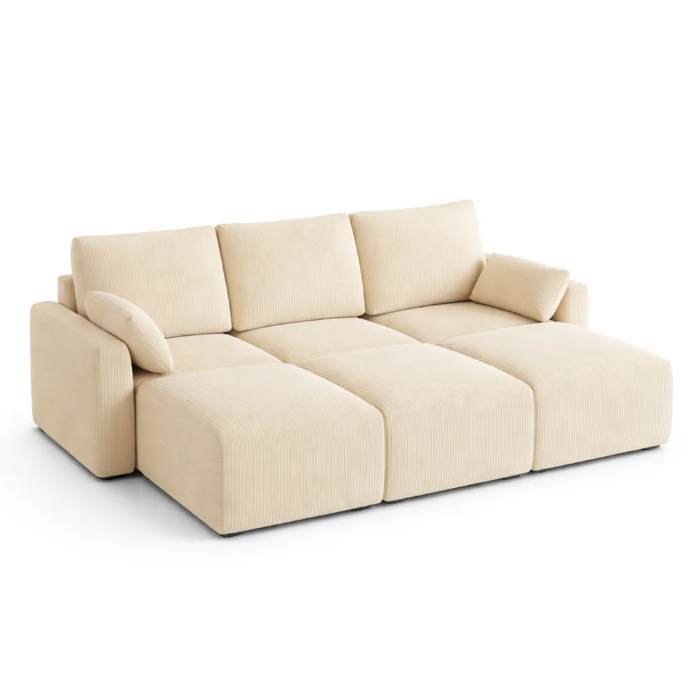 Canapé d'angle modulable convertible en velours côtelé blanc 3 places