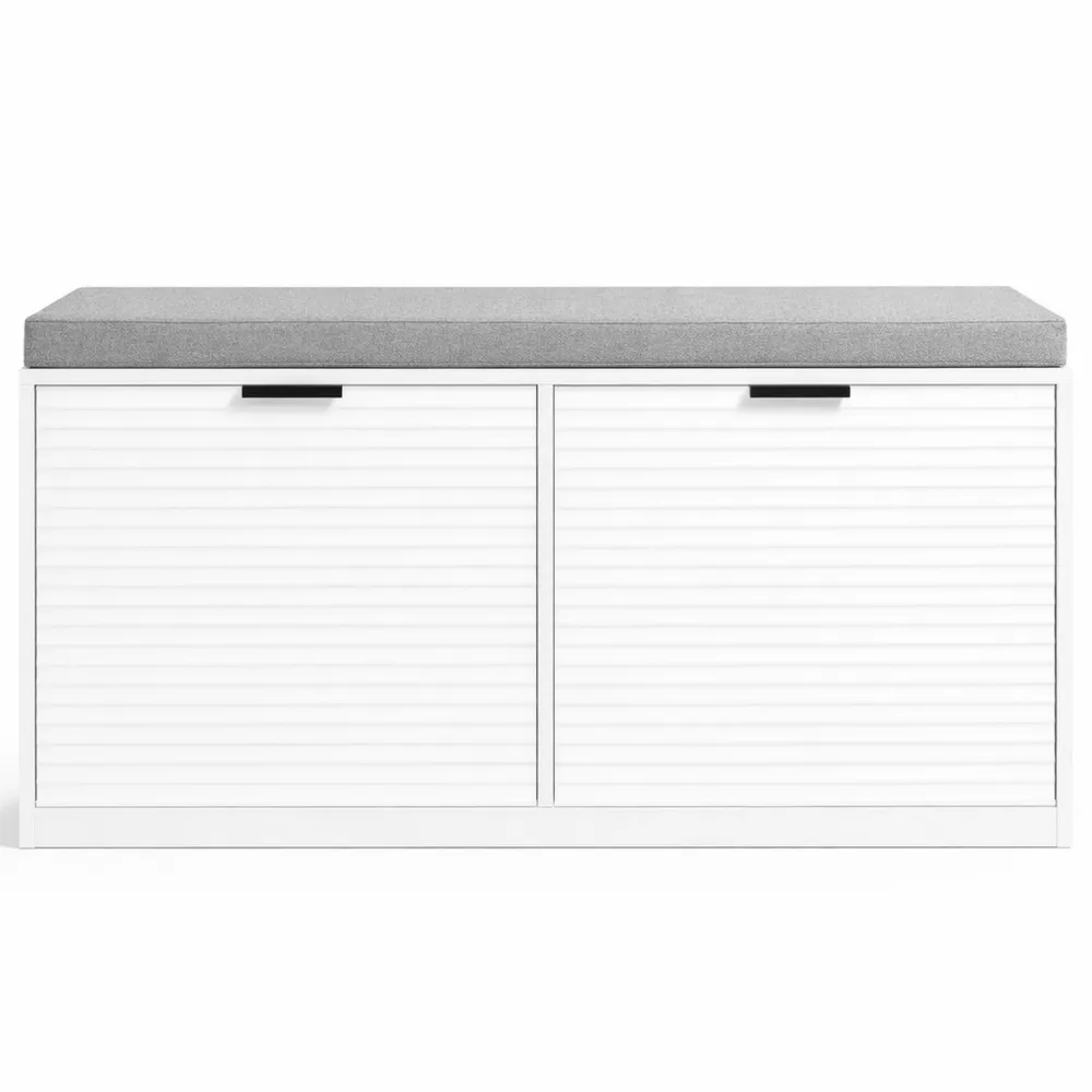 Meuble de Rangement à Chaussures avec Coussin pour Entrée, 2 Compartiments Abattants, Blanc