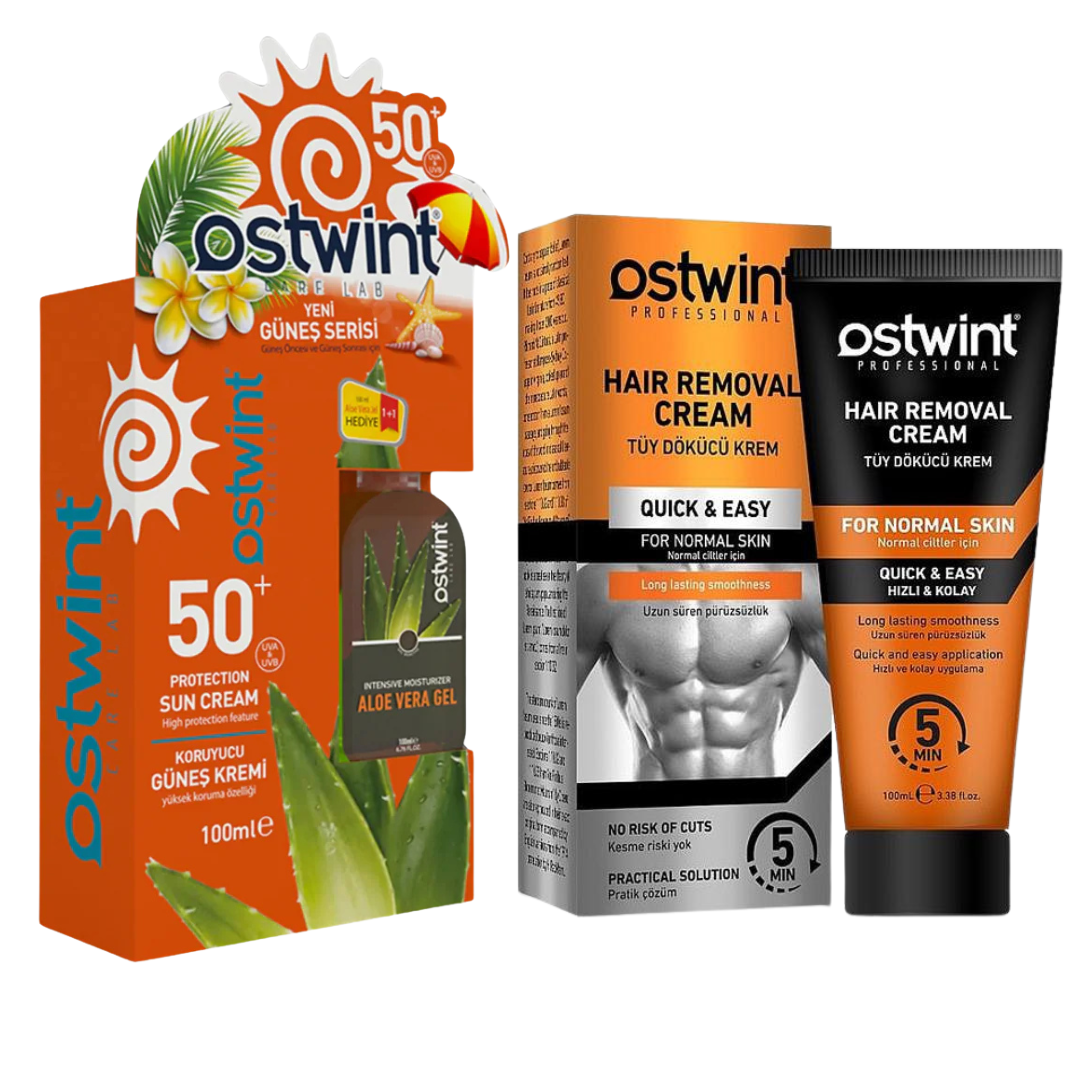 Set Crema de protectie solara SPF 50+ si Gel cu Aloe Vera Ostwint 100ml + 100ml, Crema depilatoare pentru piele normala - 100ml (barbati)
