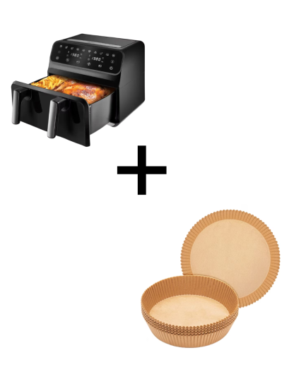 Friteuza cu aer cald 3500W, Cos Dublu, 10 litri, Termostat 80 - 200 °C + Set 100 hartii 16x20x4.5 cm, Maro cadou