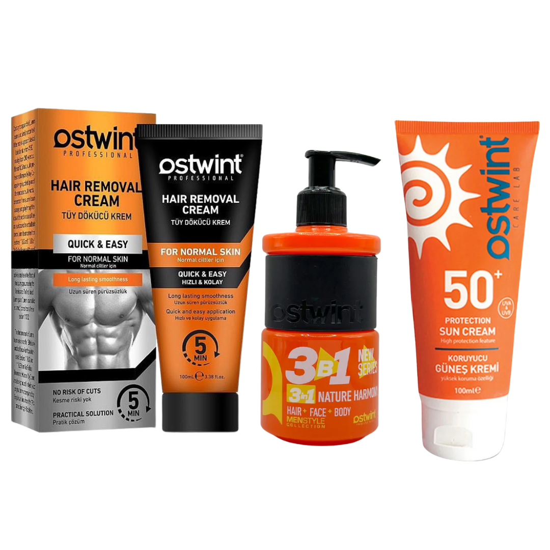 Set Crema depilatoare pentru piele normala - 100ml (barbati), Gel de dus 3 in 1 Nature Harmony 250ml, Crema de protectie solara 50+ SPF Ostwint - 100ml