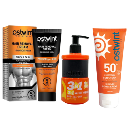 Set Crema depilatoare pentru piele normala - 100ml (barbati), Gel de dus 3 in 1 Nature Harmony 250ml, Crema de protectie solara 50+ SPF Ostwint - 100ml