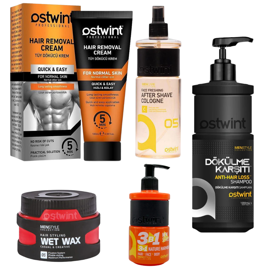Set Crema depilatoare pentru piele normala - 100ml (barbati), Colonie Aftershave 05 - 400ml, Ceara de par lucioasa 05 - 150ml, Gel de dus 3 in 1 Nature Harmony 250ml, Sampon anticadere anti-hair loss Ostwint - 1000ml