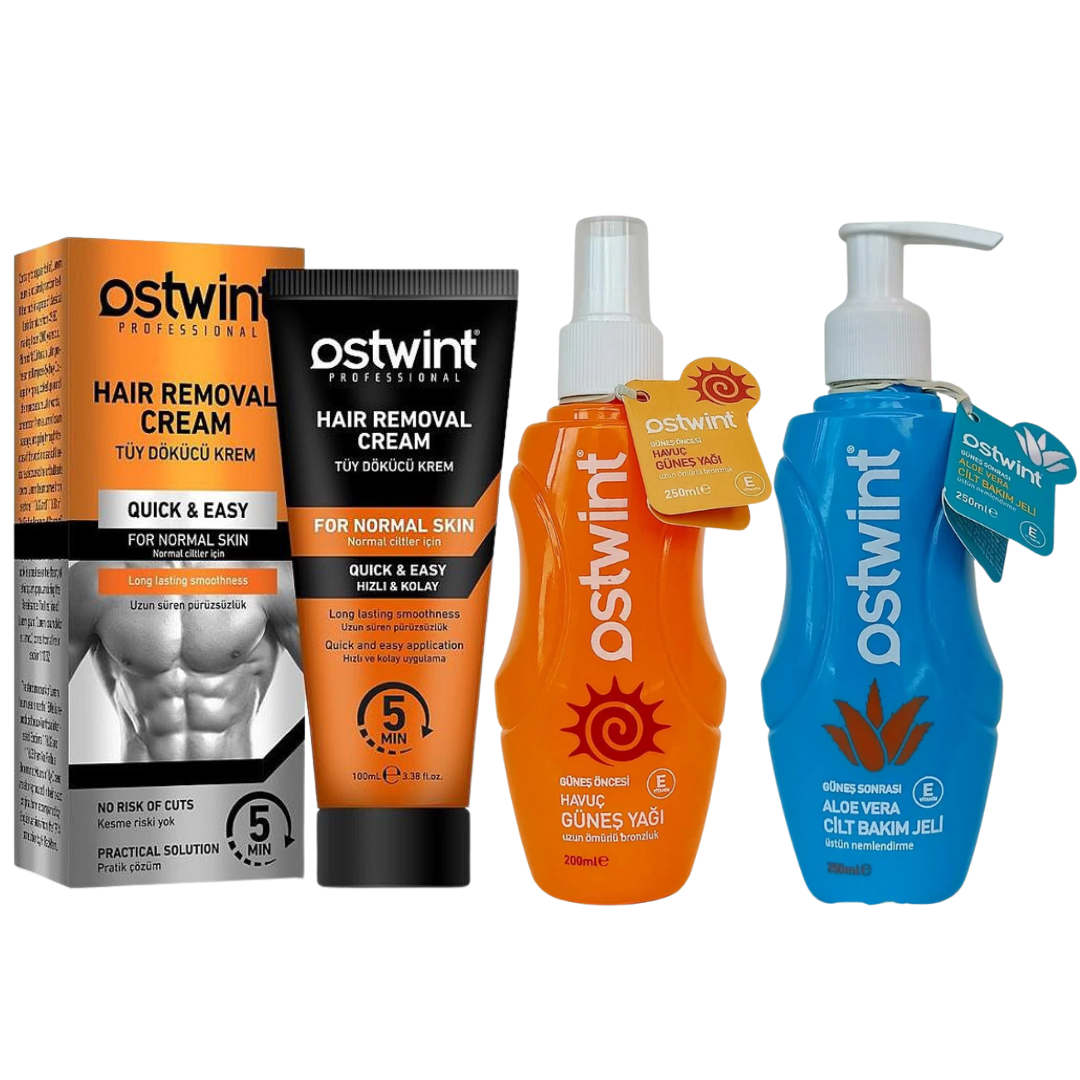 Set Crema depilatoare pentru piele normala - 100ml (barbati), Ulei de Plaja cu Morcov - 200ml,Gel de ingrijire a pielii After Sun cu Aloe Vera - 200ml