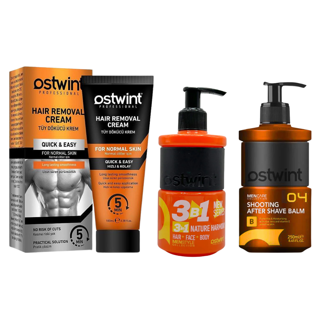 Set Crema depilatoare pentru piele normala - 100ml (barbati), Gel de dus 3 in 1 Nature Harmony 250ml, Balsam After Shave Ostwint 04 - 250 ml