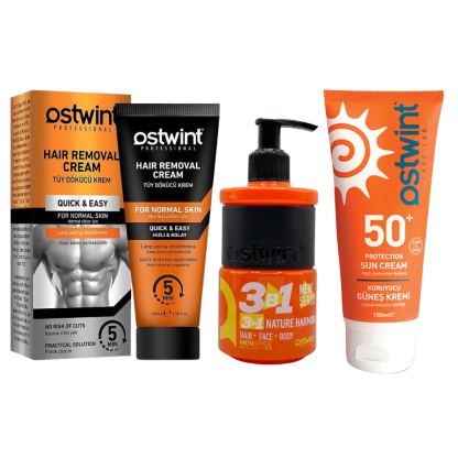 Set Crema depilatoare pentru piele normala - 100ml (barbati), Gel de dus 3 in 1 Nature Harmony 250ml, Crema de protectie solara 50+ SPF - 100ml