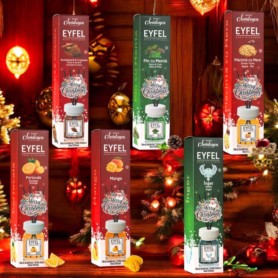 Set 6x bucati Odorizant de camera Eyfel Christmas, Mango, Angel, Orange, Mint & Pine, Apple Pie, Cinnamon & Clove