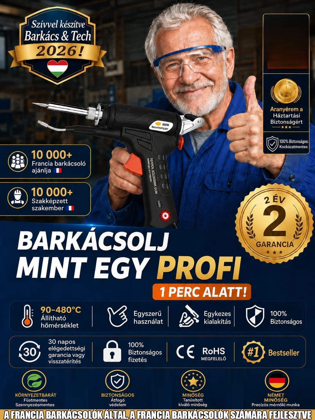 【50% AKCIÓ】Profi Egykezes Automata Forrasztópisztoly - Állítható Hőmérséklet (90-480°C)