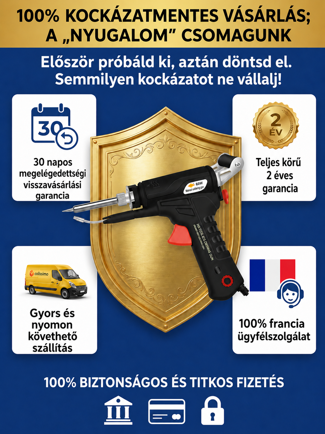 【50% AKCIÓ】Profi Egykezes Automata Forrasztópisztoly - Állítható Hőmérséklet (90-480°C)