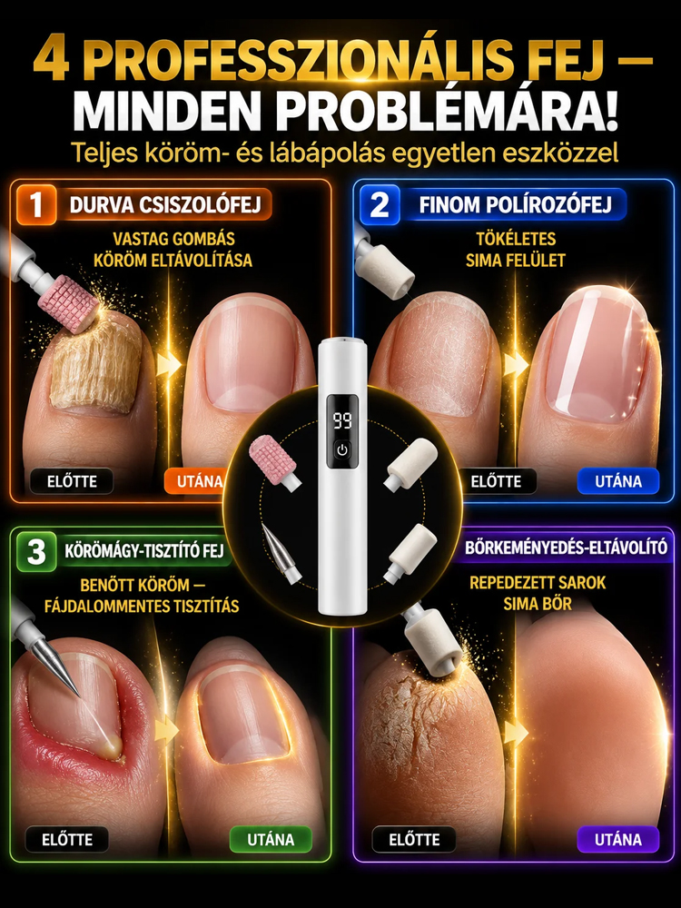 【Vastag Körmökre Is】Professzionális Elektromos Körömcsiszoló és Pedikűr Gép (3 Fokozat + 4 Fej)
