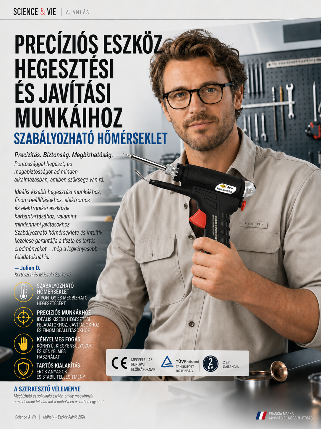 【50% AKCIÓ】Profi Egykezes Automata Forrasztópisztoly - Állítható Hőmérséklet (90-480°C)