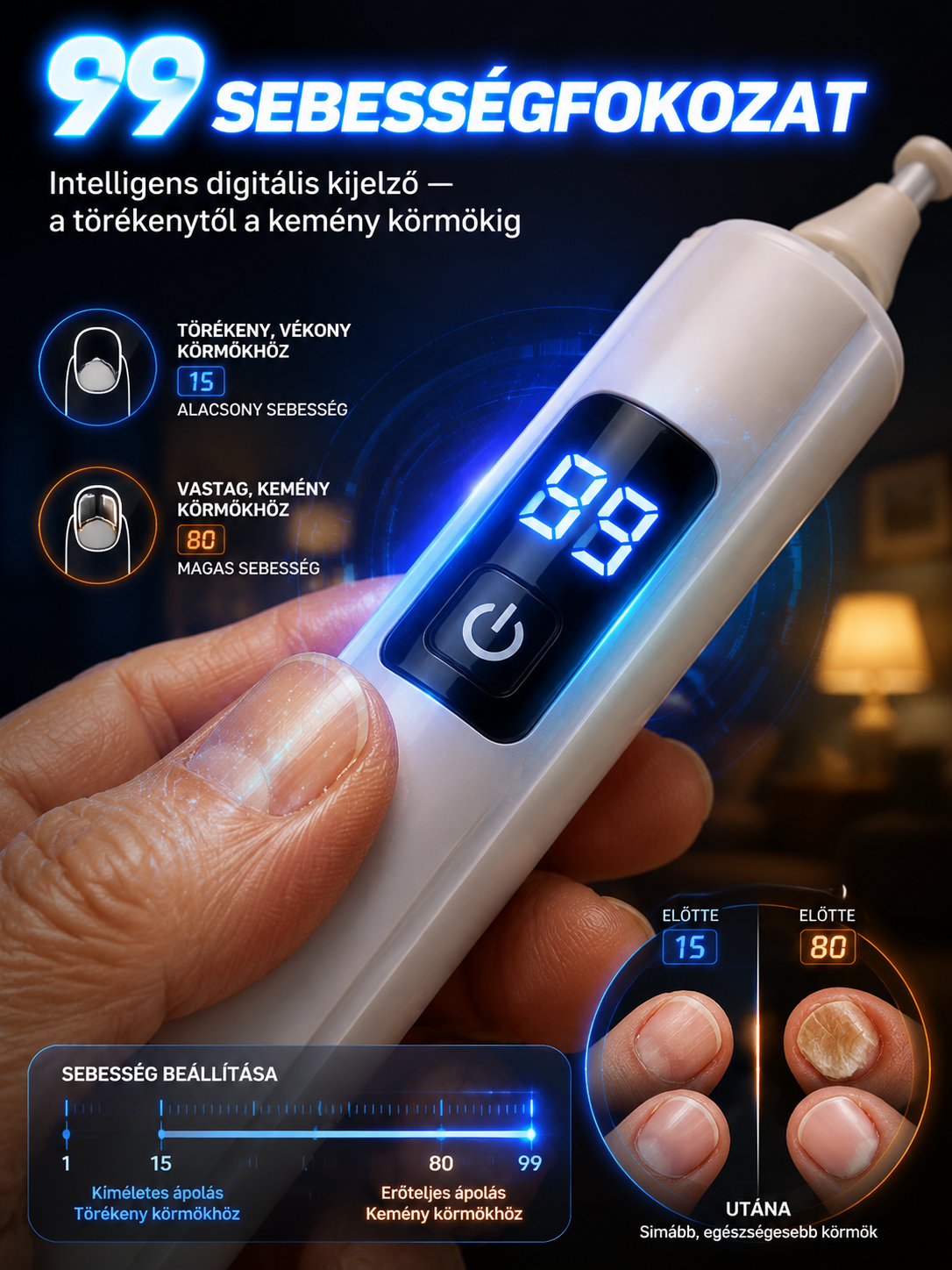 【Vastag Körmökre Is】Professzionális Elektromos Körömcsiszoló és Pedikűr Gép (3 Fokozat + 4 Fej)