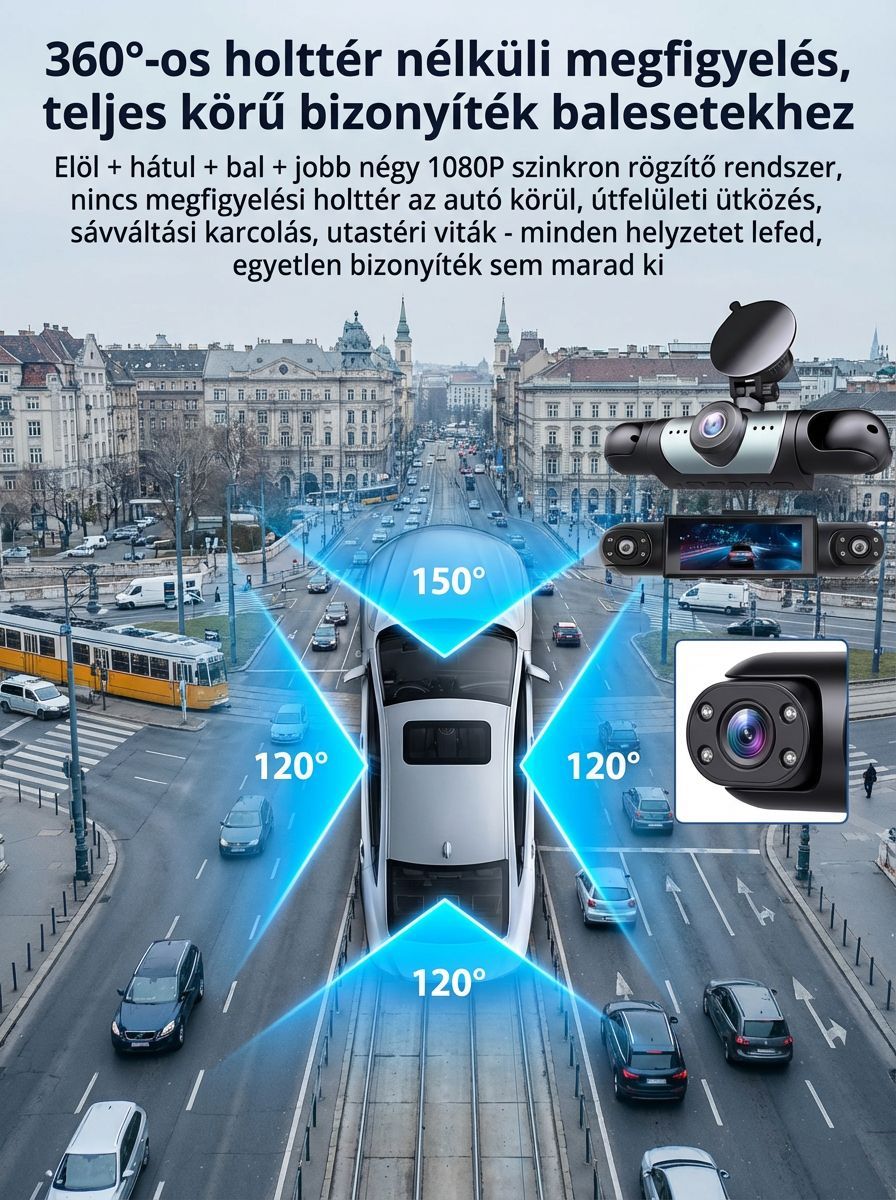 Nincs Több Vakfolt! 360° HD Autós Kamera (4 Lencse) | 24 Órás Őrség & Katonai Éjjellátó