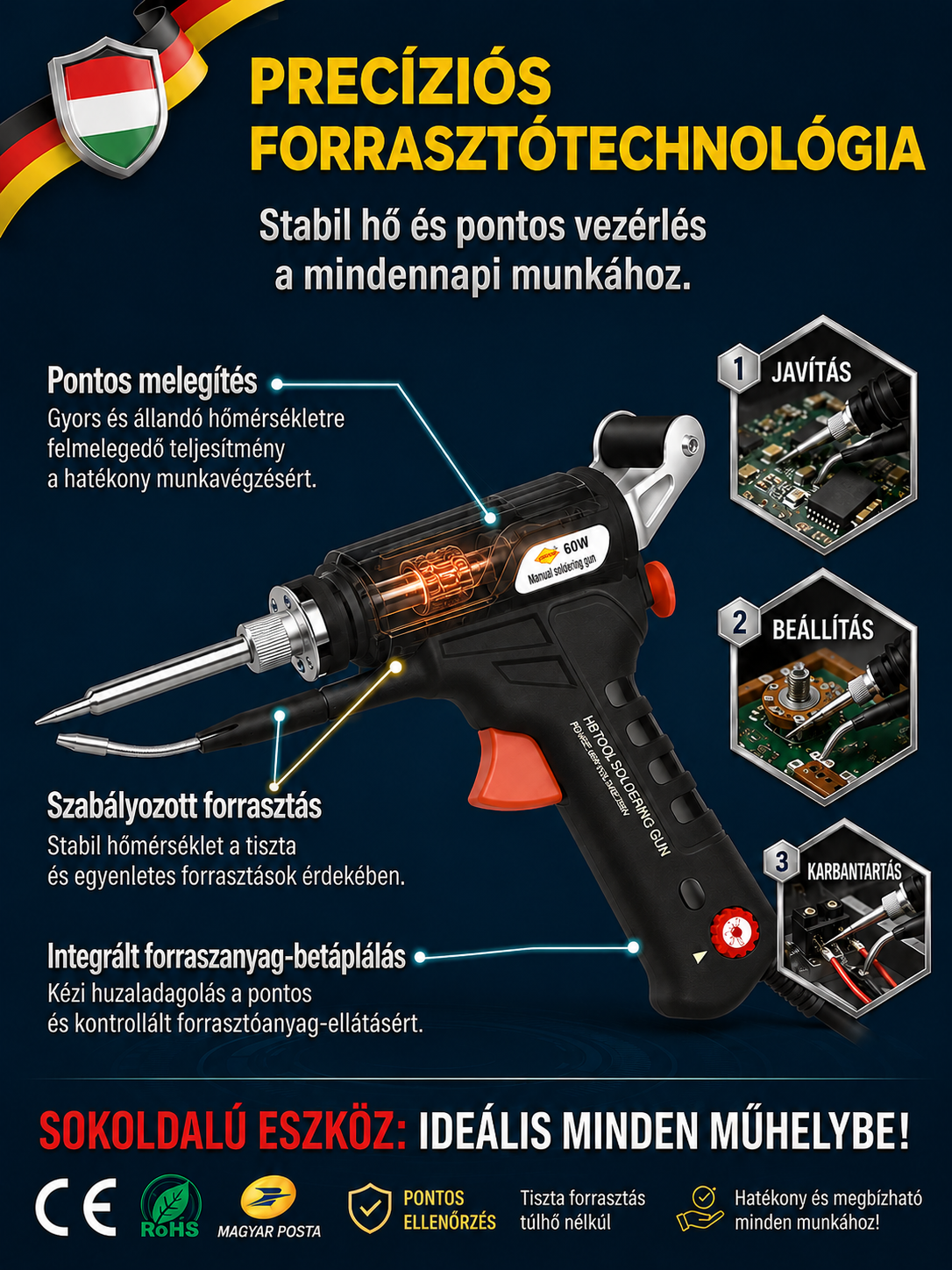 【50% AKCIÓ】Profi Egykezes Automata Forrasztópisztoly - Állítható Hőmérséklet (90-480°C)