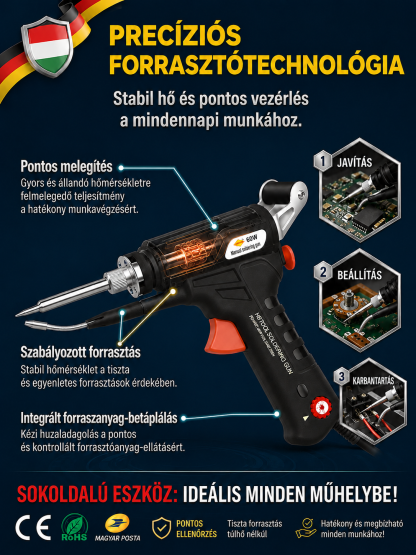 【50% AKCIÓ】Profi Egykezes Automata Forrasztópisztoly - Állítható Hőmérséklet (90-480°C)