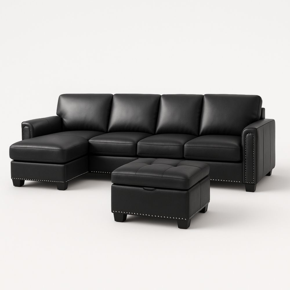 Canapé d'angle en similicuir avec ottoman noir