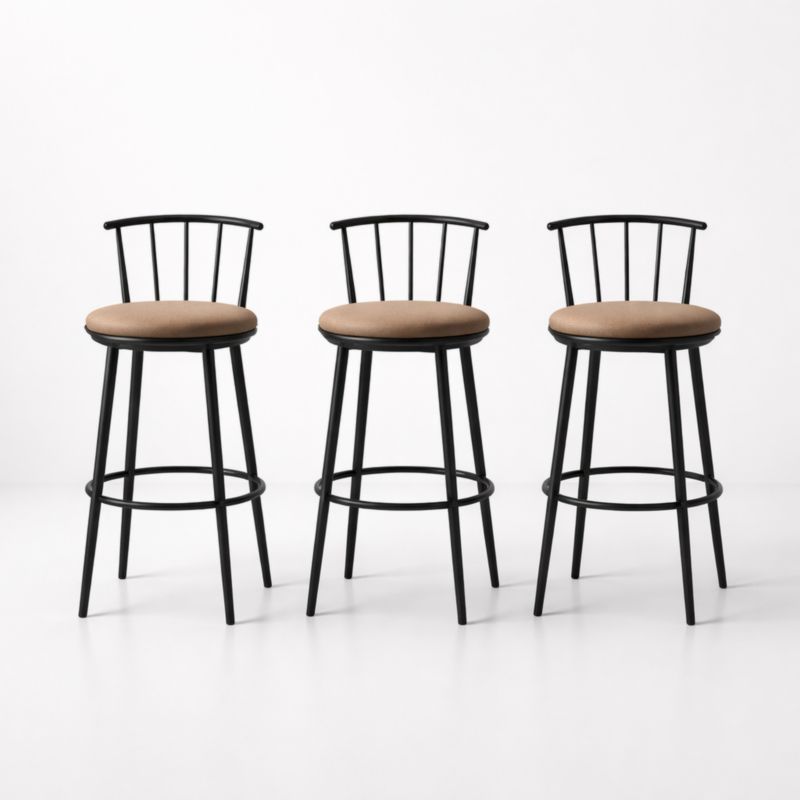 Tabouret de bar en métal noir avec coussin brun en ensemble de 3