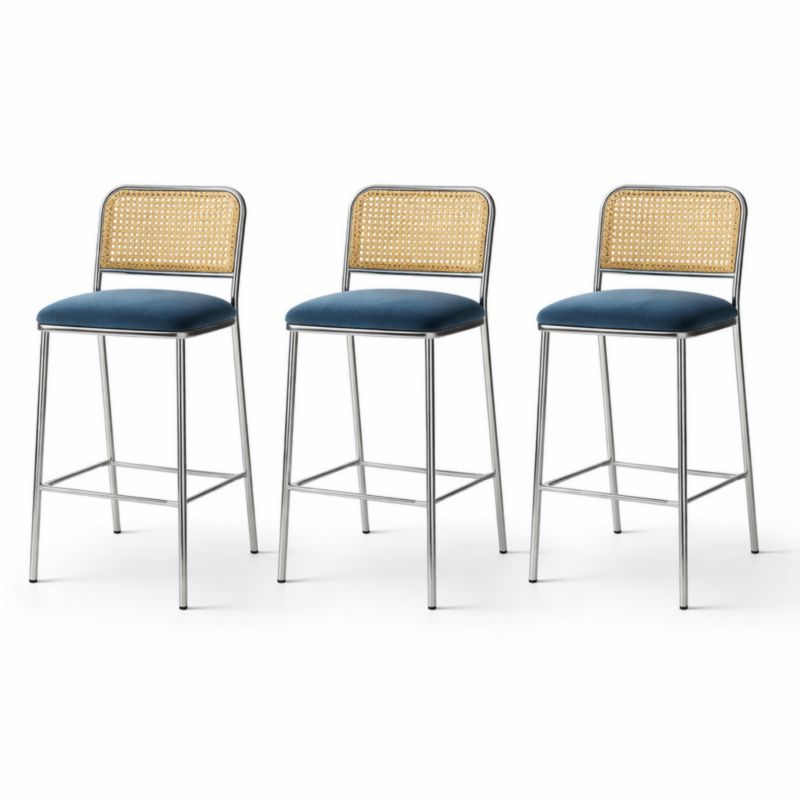 Tabourets de Bar Lot de 3 en Métal et Rotin Tissu Bleu