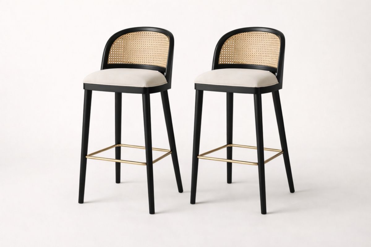 Ensemble de 2 tabourets de bar en bois massif noir avec cannage et tissu beige