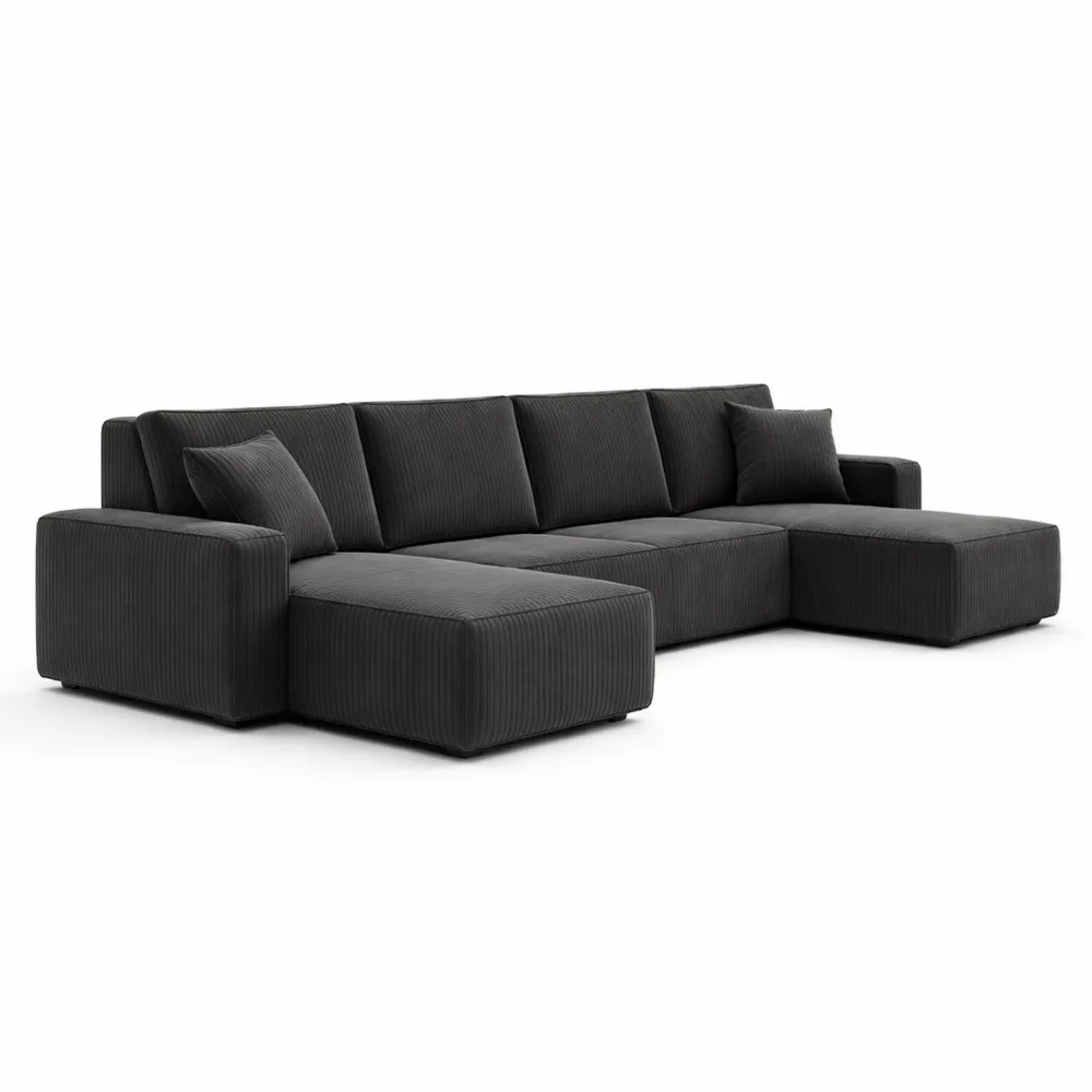 Canapé d'angle 6 places convertible avec méridiennes et coffre de rangement en velours