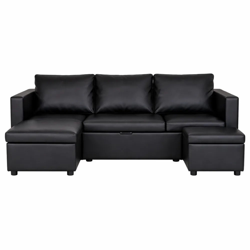 Canapé d'angle réversible 4 places avec méridiennes et rangement en simili cuir noir