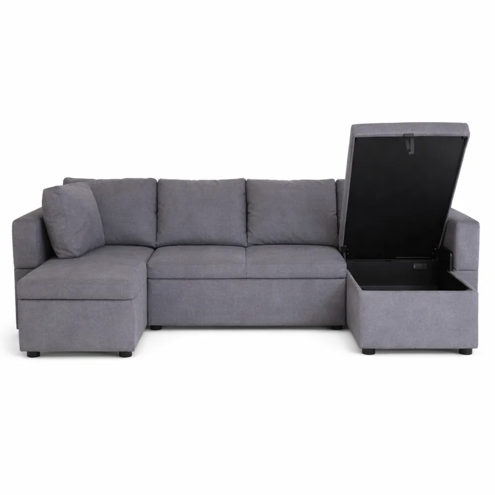 Canapé d'angle convertible 4 places en tissu gris avec rangement