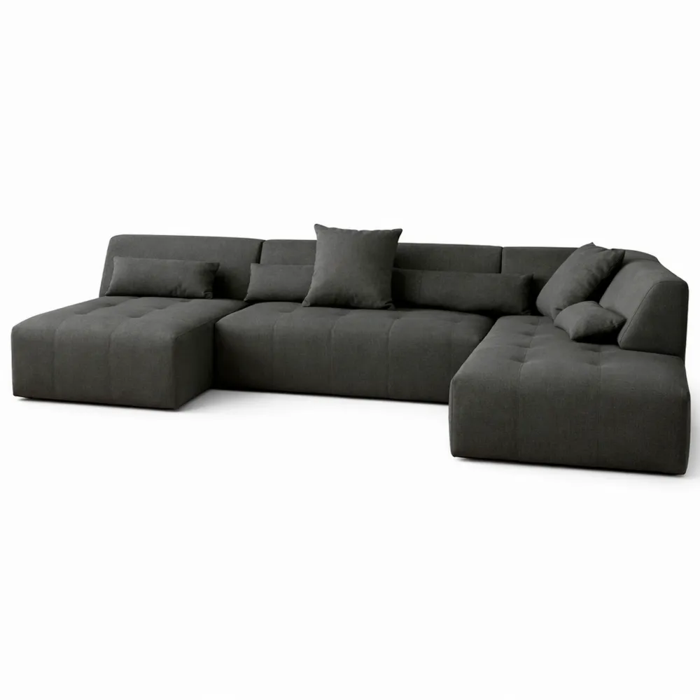 Grand Canapé d'Angle Droit en Tissu Gris Foncé - 7 Places