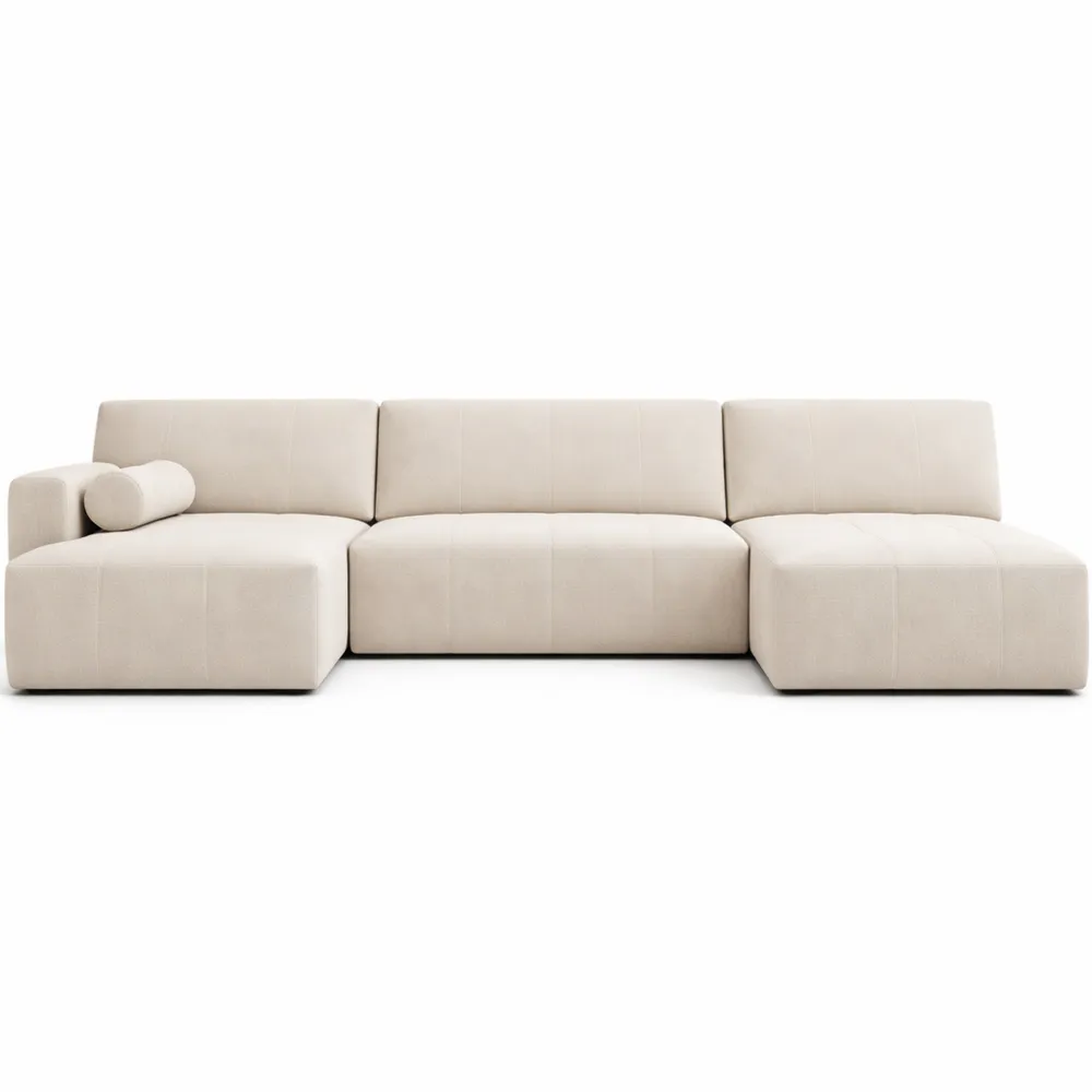 Grand Canapé d'Angle Panoramique en Tissu Beige 7 Places