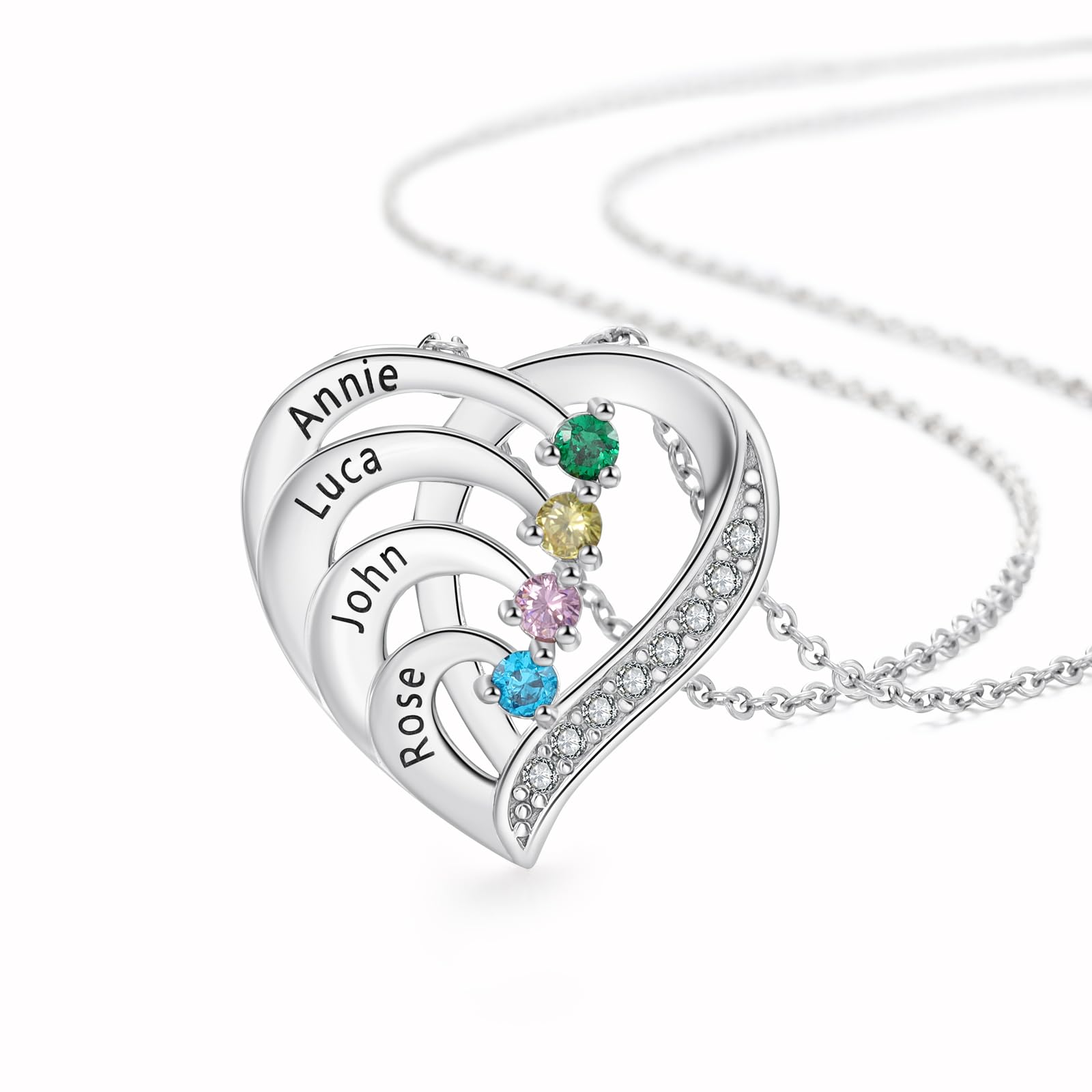 Zomodia 925 Sterling Silver Mother Necklace with 3-4 Simulated Birthstones Personalized Women's Promise Necklace Engraved Names Family Anniversary Jewelry for Grandma