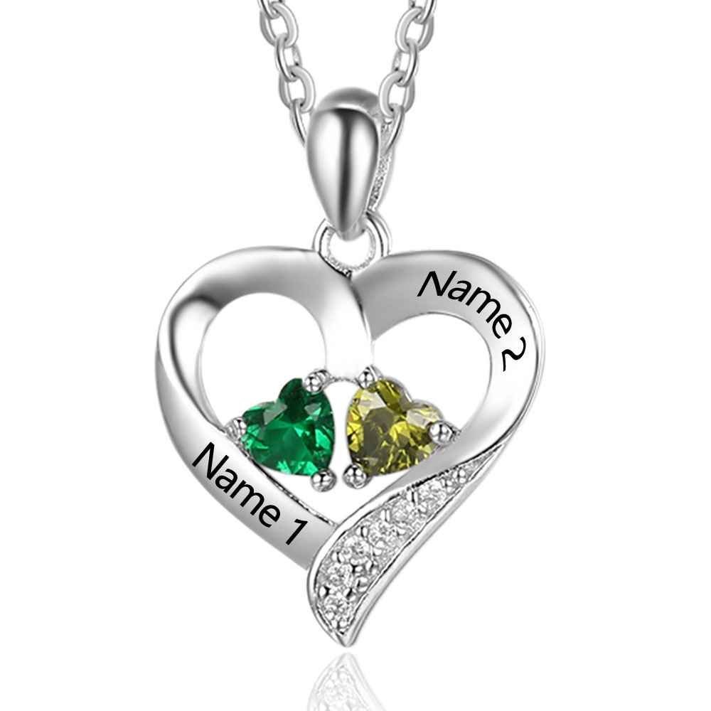 Sterling Silver Personalized 2 Names Necklace with 2 Heart Simulated Birthstone Couple Pendant Necklace for Women