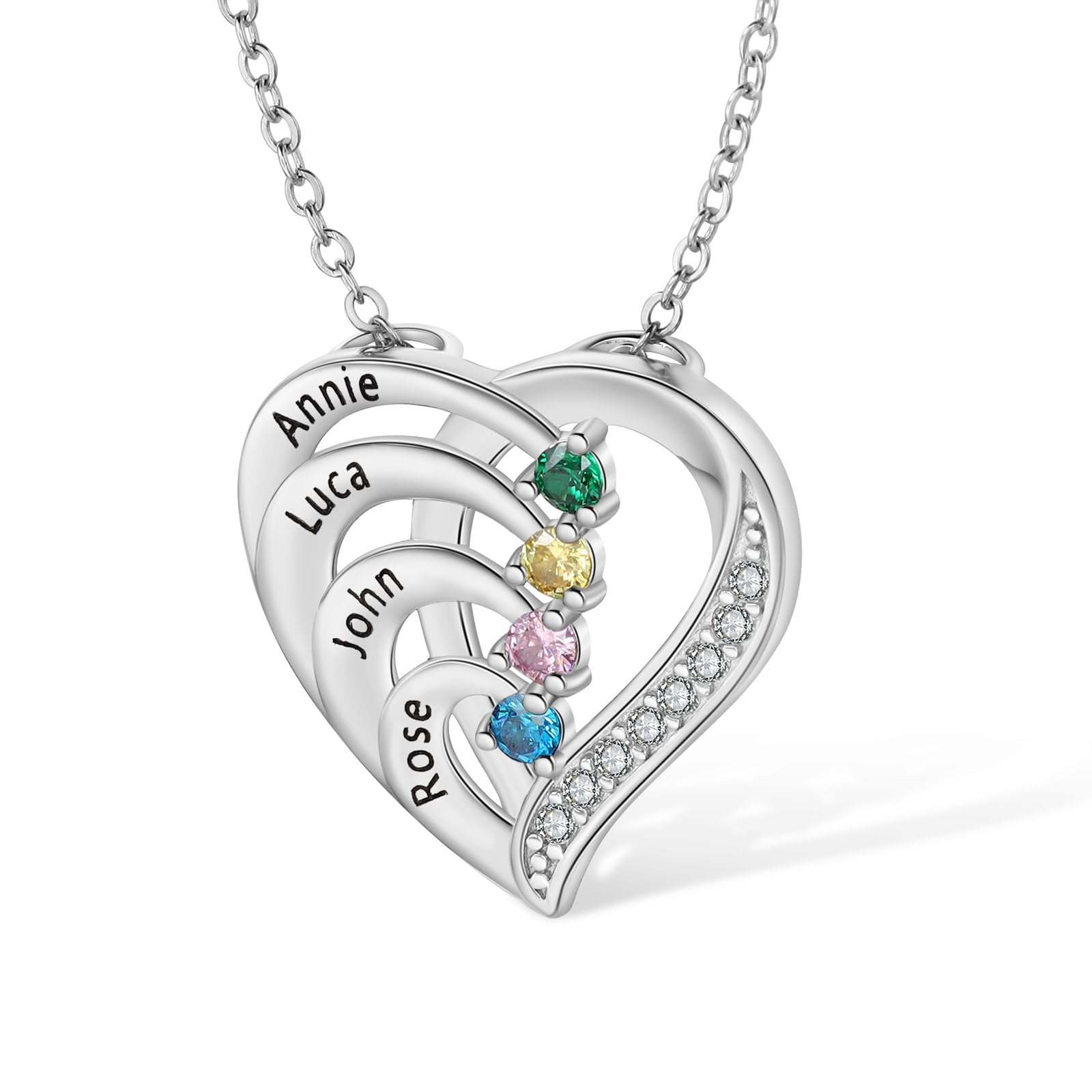 Zomodia 925 Sterling Silver Mother Necklace with 3-4 Simulated Birthstones Personalized Women's Promise Necklace Engraved Names Family Anniversary Jewelry for Grandma
