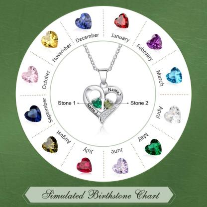 Sterling Silver Personalized 2 Names Necklace with 2 Heart Simulated Birthstone Couple Pendant Necklace for Women