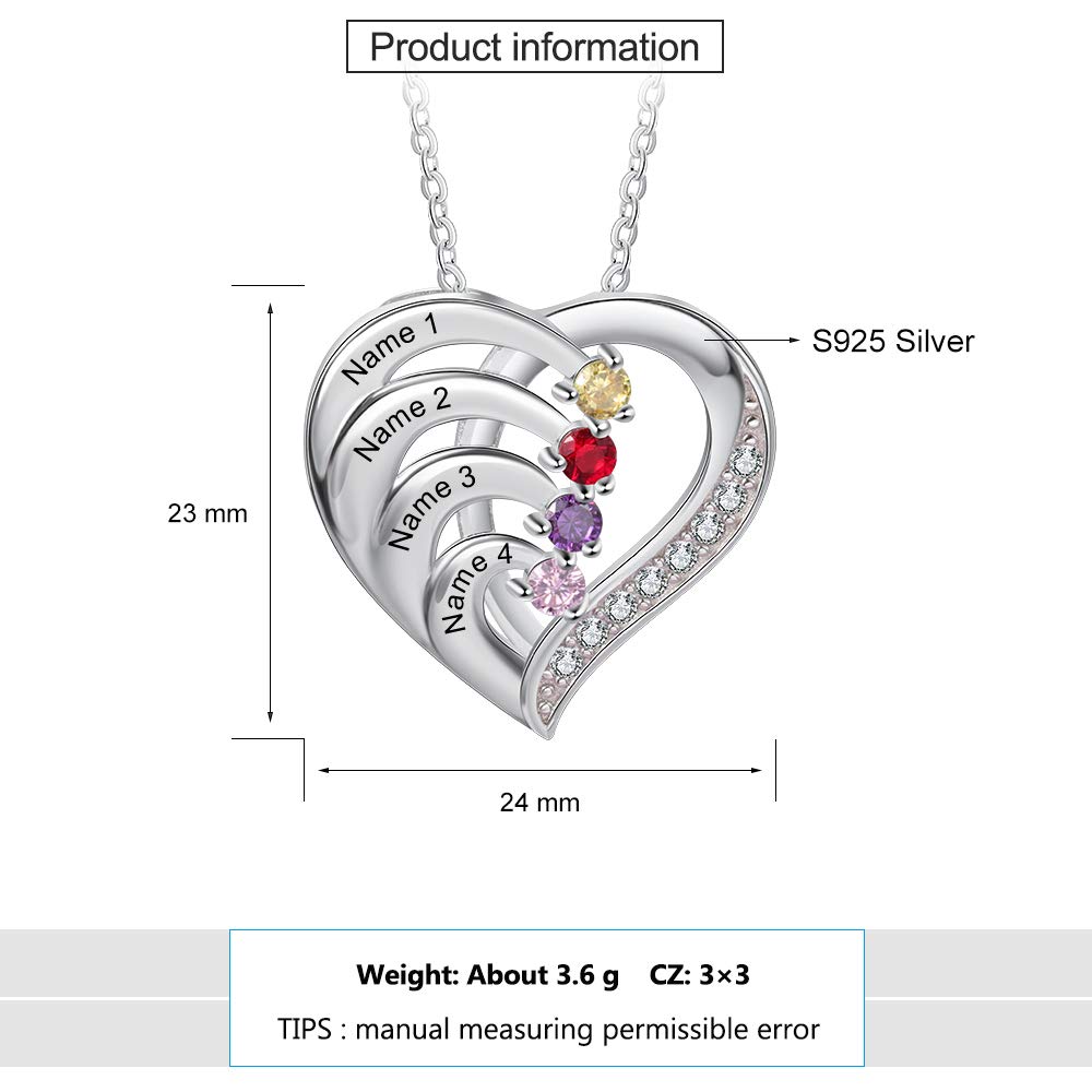 Zomodia 925 Sterling Silver Mother Necklace with 3-4 Simulated Birthstones Personalized Women's Promise Necklace Engraved Names Family Anniversary Jewelry for Grandma