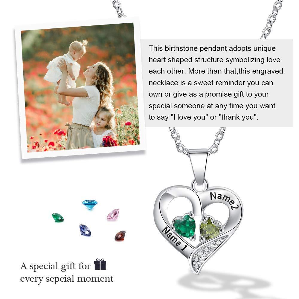 Sterling Silver Personalized 2 Names Necklace with 2 Heart Simulated Birthstone Couple Pendant Necklace for Women