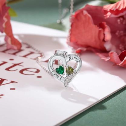 Sterling Silver Personalized 2 Names Necklace with 2 Heart Simulated Birthstone Couple Pendant Necklace for Women