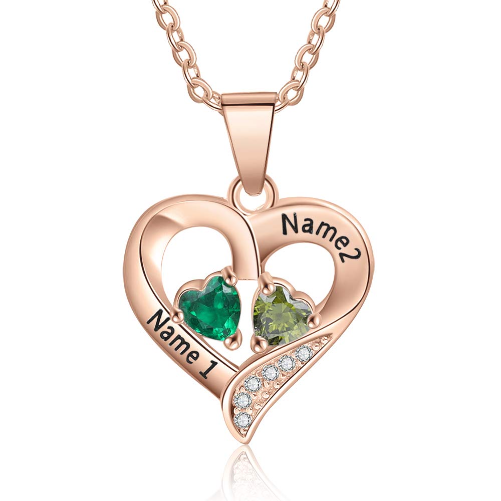 Sterling Silver Personalized 2 Names Necklace with 2 Heart Simulated Birthstone Couple Pendant Necklace for Women
