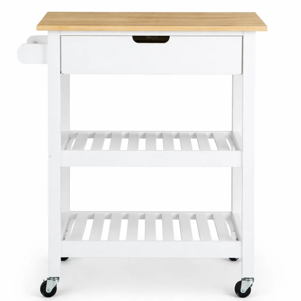 Chariot de cuisine roulante avec tiroirs et plan de travail en bambou