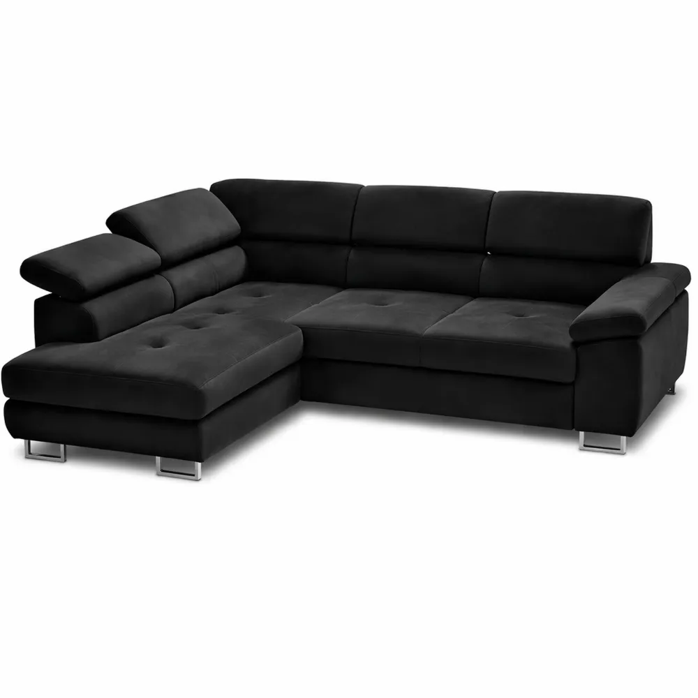 Canapé d'angle convertible en velours avec coffre - 5 places - Têtières réglables - Noir