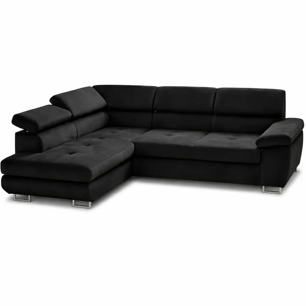 Canapé d'angle convertible avec rangement et têtières ajustables - Velours noir 5 places