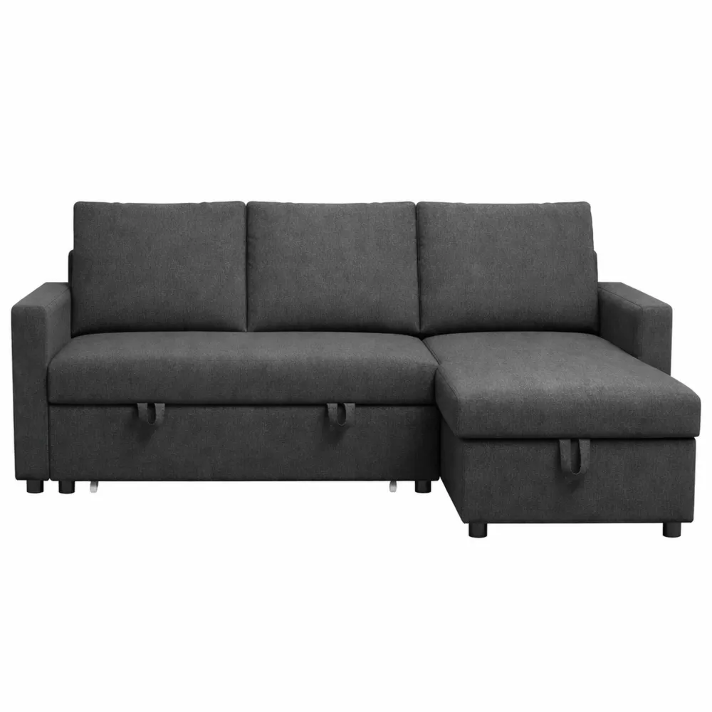 Canapé d'angle convertible avec méridienne réversible et coffre de rangement, tissu aspect lin, noir