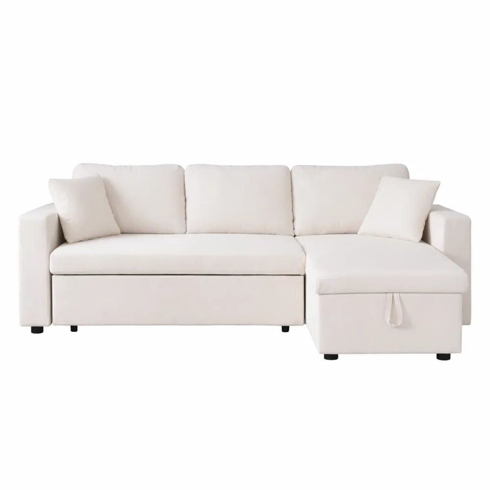 Canapé d'angle convertible en velours côtelé beige avec coffre et méridienne réversible