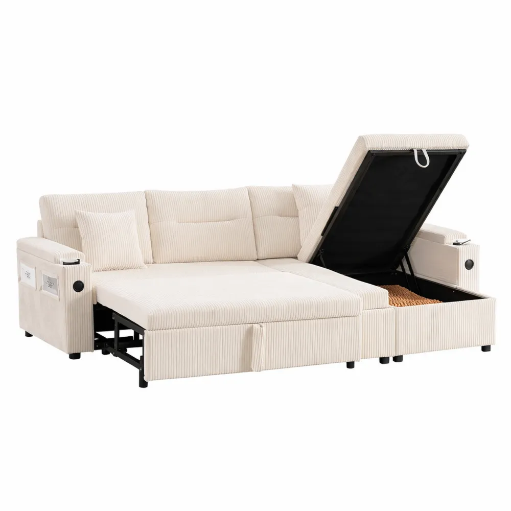 Canapé d'angle convertible avec rangement, porte-gobelets et USB-C, canapé-lit moderne en velours côtelé