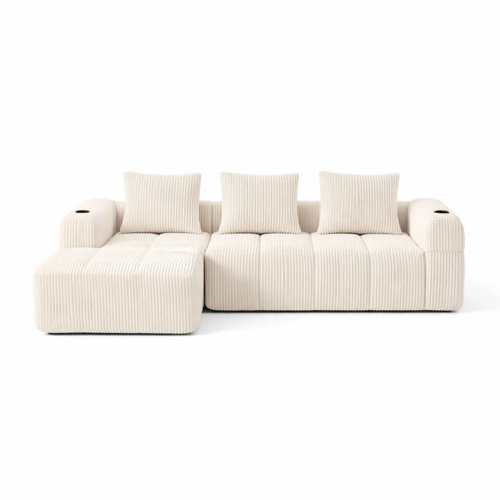 Canapé d'angle convertible en velours avec rangement et porte-gobelet intégré