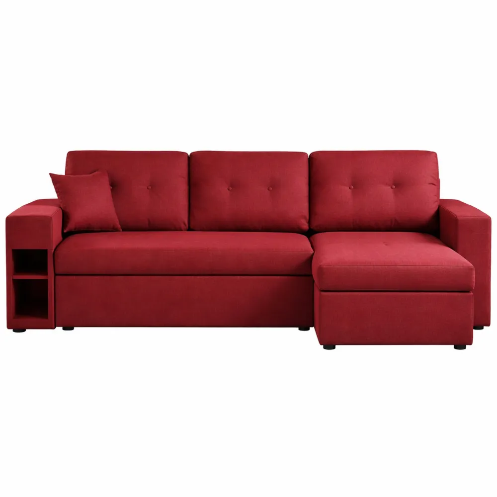 Canapé d'angle convertible 3 places en tissu rouge avec rangement