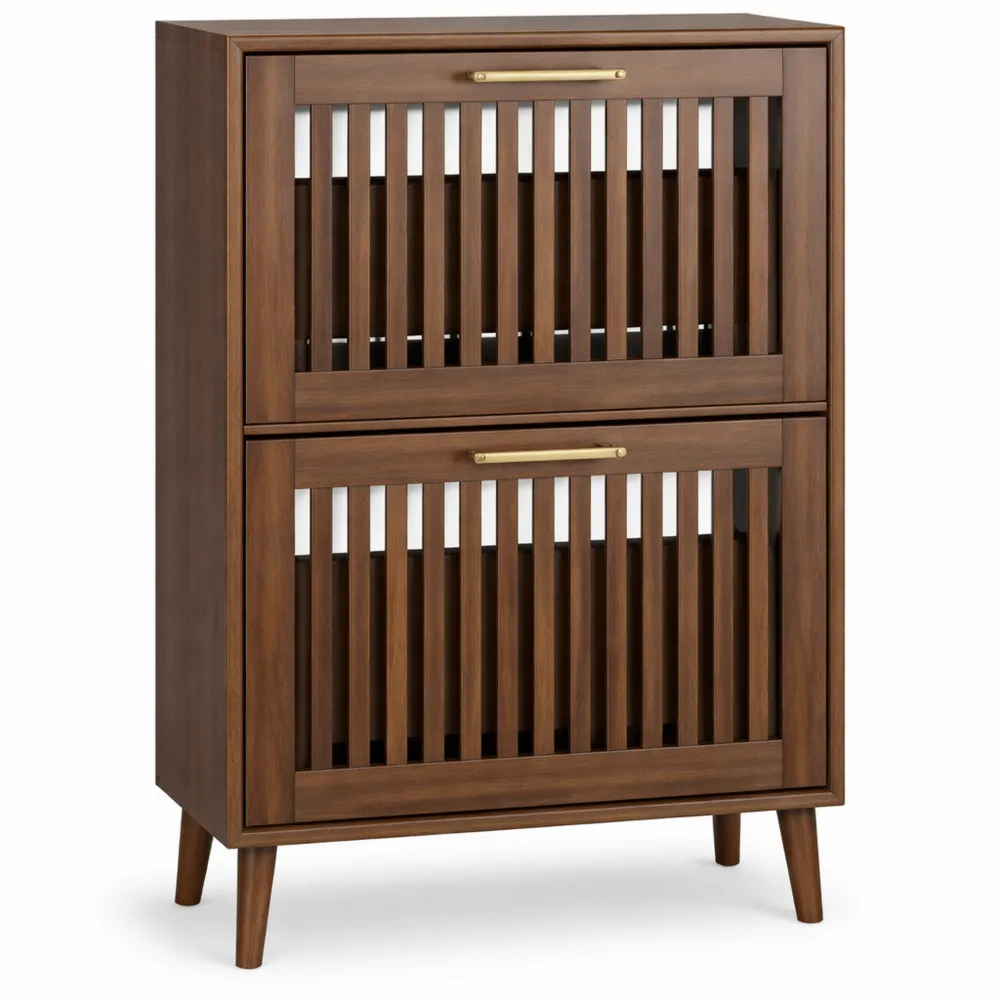 Armoire à chaussures 2 tiroirs rabattables avec étagères intégrées, design fermier, poignées dorées, idéal pour entrée