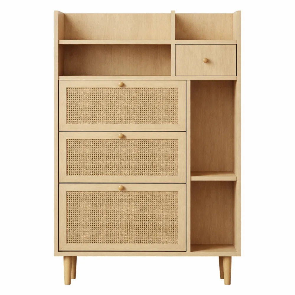 Armoire à Chaussures en Rotin avec Tiroir et Portes Basculantes