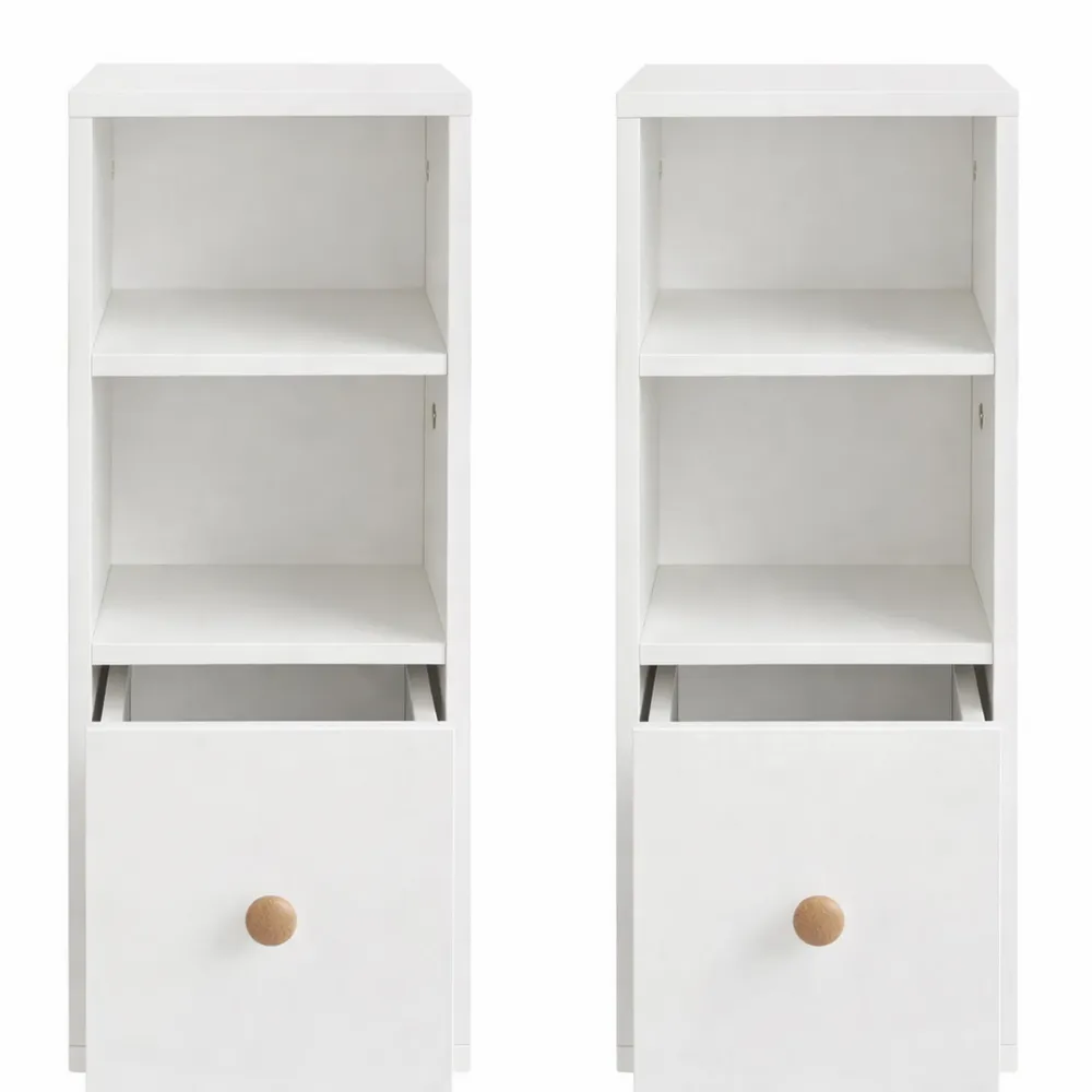 Paire de tables de chevet compactes avec tiroir et compartiments ouverts