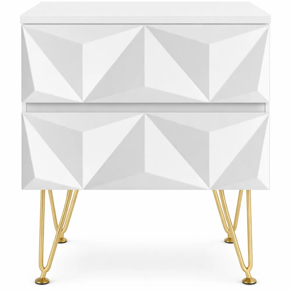 Table de Nuit Moderne avec Effet 3D, 2 Tiroirs, 40x40x53 cm, MDF et Métal, Blanc et Doré