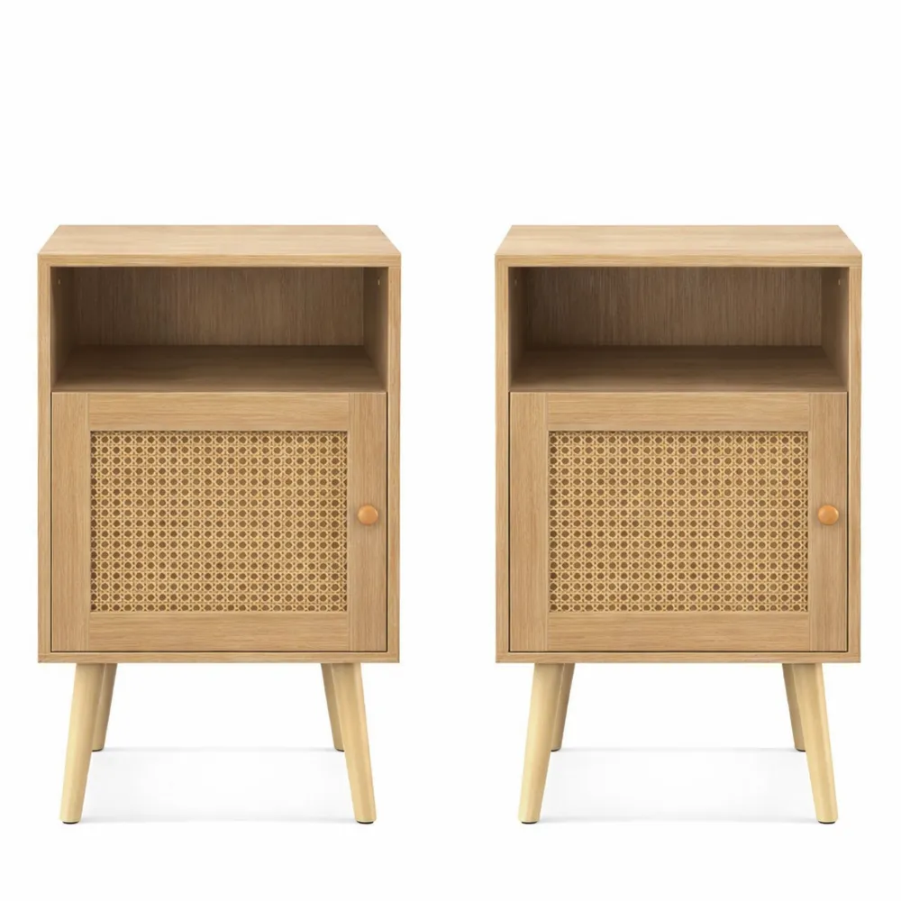 Table de Nuit avec Cannage et Pieds en Bois, Style Bohème, Fermeture Silencieuse